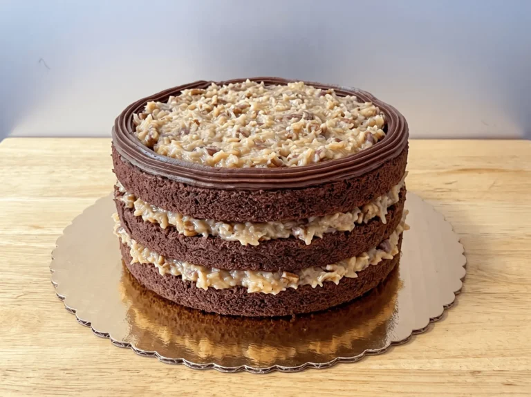 German chocolate cake with coconut and pecan filling